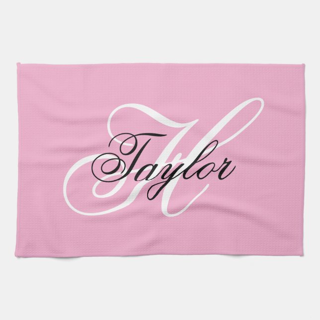 Svart och vit Fancy Monogram Rosa Kökshandduk (Horisontell)