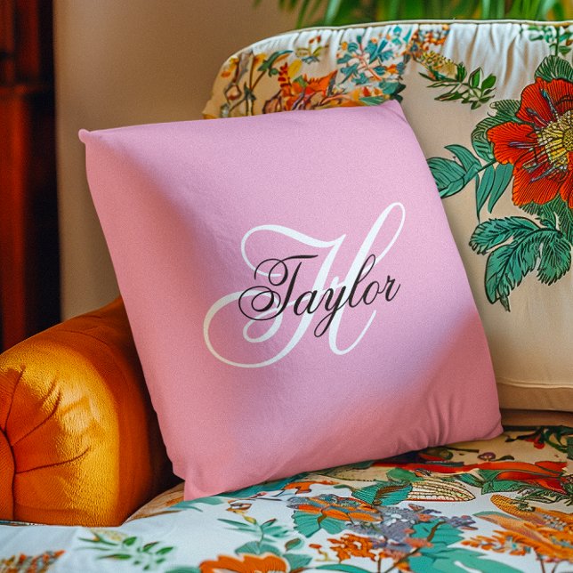 Svart och vit Fancy Monogram Rosa Kudde (Black and White Fancy Monogram Pink Throw Pillow)