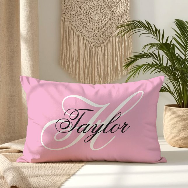 Svart och vit Fancy Monogram Rosa Lumbarkudde (Black and White Fancy Monogram Pink Lumbar Pillow)