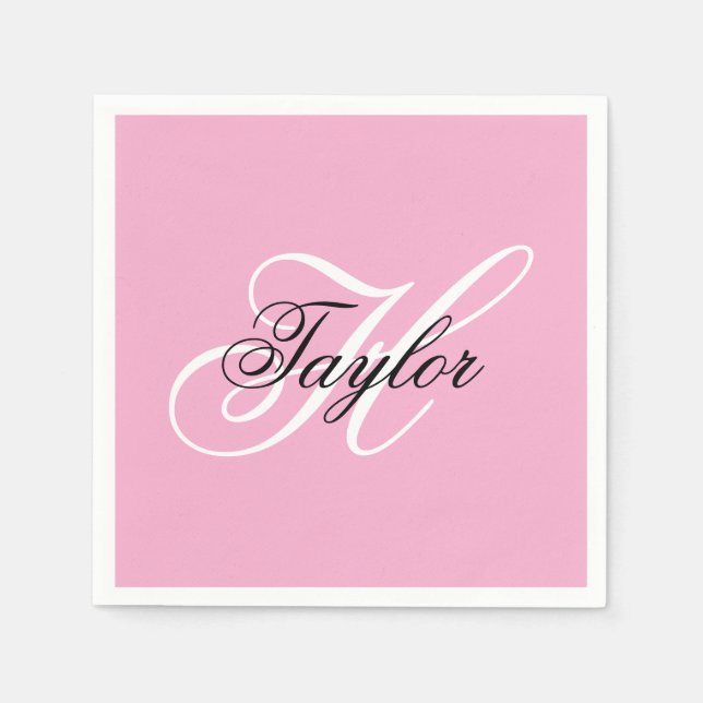 Svart och vit Fancy Monogram Rosa Pappersservett (Framsidan)