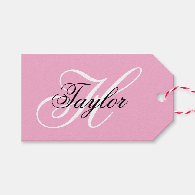 Svart och vit Fancy Monogram Rosa Presentetikett (Framsidan (Horizontal))