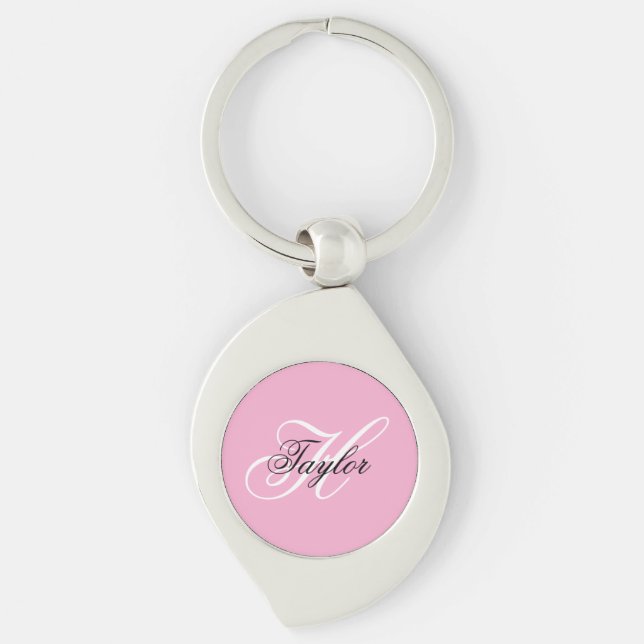Svart och vit Fancy Monogram Rosa Swirl Silverfärgad Nyckelring (Framsidan)