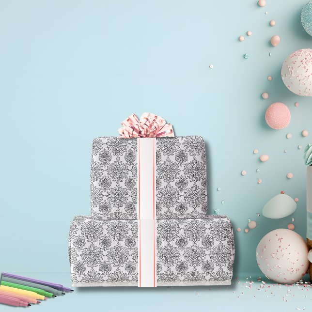Svart och Vit Färga Din Egen Krysantemum Presentpapper (Color your own wrapping paper with a floral design)