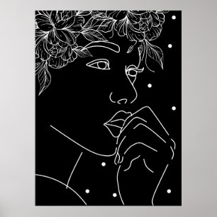 Svart och vit feminin blomster kyss linjekonst poster