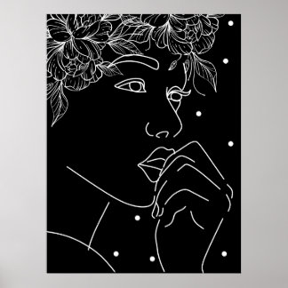 Svart och vit feminin blomster kyss linjekonst poster
