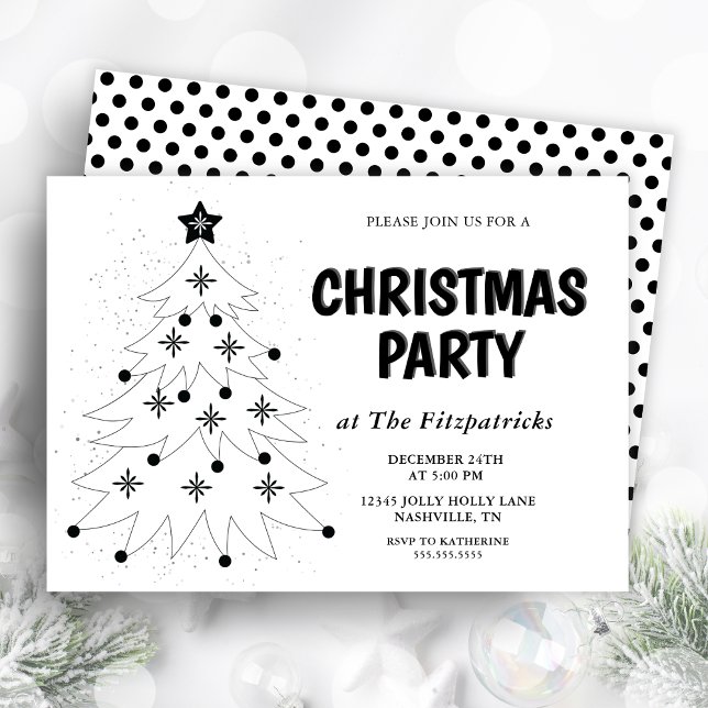 Svart och vit festlig julgransfest inbjudningar (Black and White Festive Tree Christmas Party Invitation)