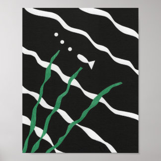 Svart och vit fisk med bubblor och sjögräs poster