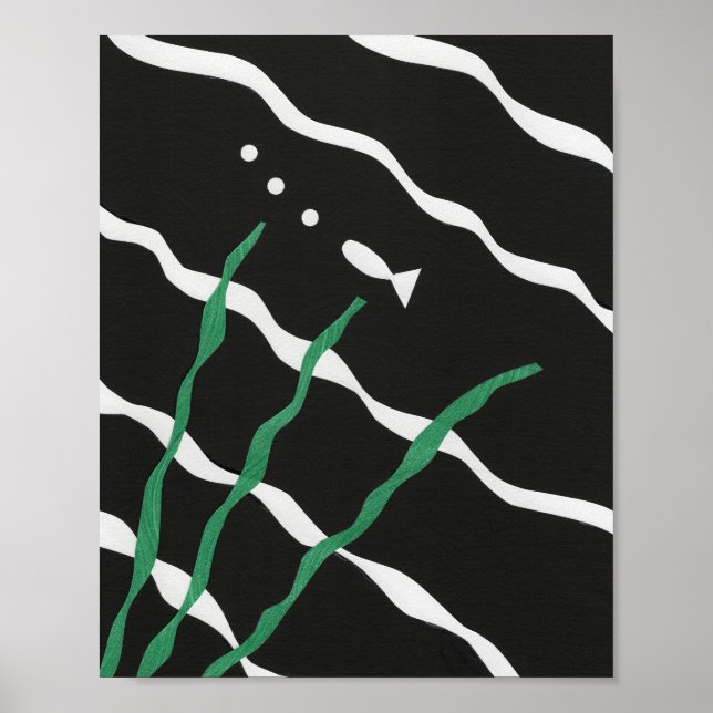 Svart och vit fisk med bubblor och sjögräs poster (Framsidan)