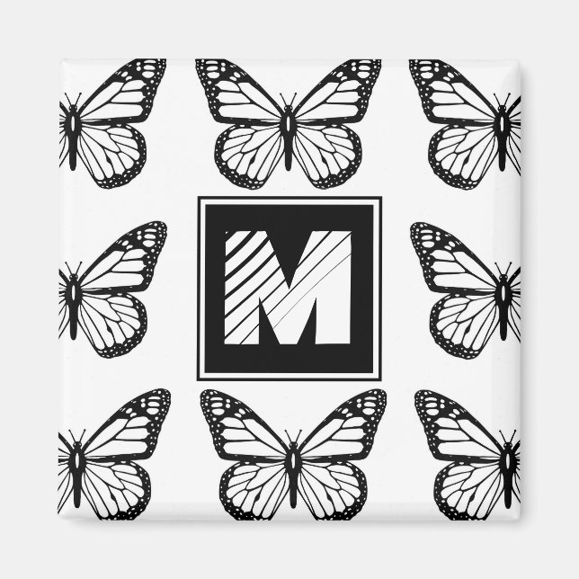 Svart och vit fjärilsmönster med monogram magnet (Framsidan)