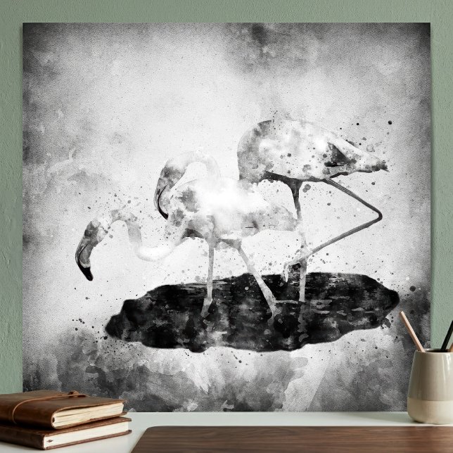 Svart och Vit Flamingo Akvarell Väggkonst Dekorati (Black and White Flamingo Watercolor Wall Art Decor. Poster)