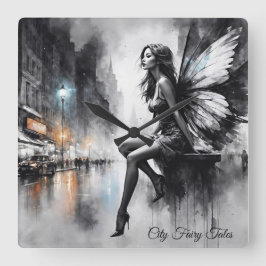 Svart och vit flicka i grått stadsområde fyrkantig klocka