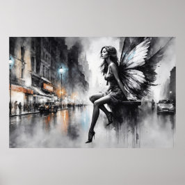 Svart och vit flicka i grått stadsområde poster