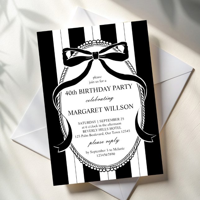 Svart och vit födelsedagsfest av rand inbjudningar (Black and white retro stripes bow border elegant adults birthday party invitation cards template)