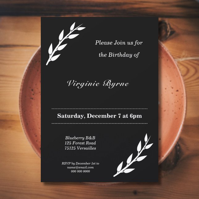 Svart och vit födelsedagsinbjudan med prydnadsföre inbjudningar (Black & White Birthday Invitation with ornaments)
