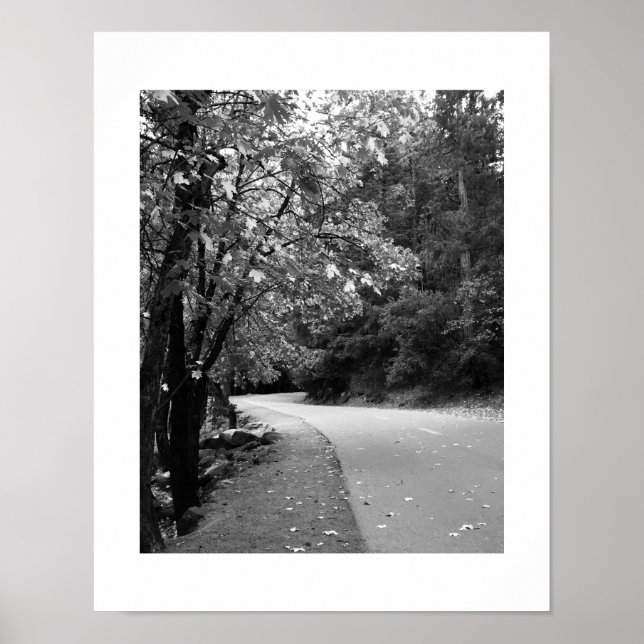 Svart och vit fotografi på hösten Road Yosemite Poster (Framsidan)