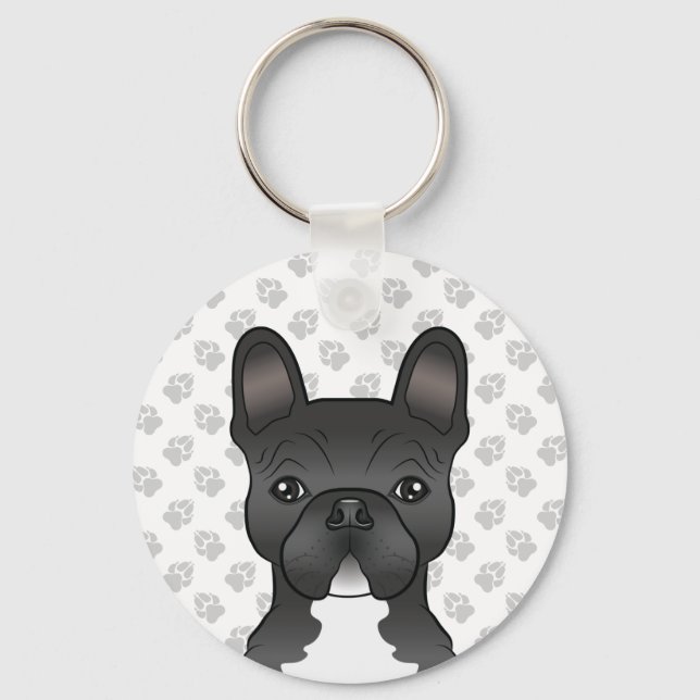 Svart och vit Fransk Bulldog Cute Tecknad hund Nyckelring (Framsida)