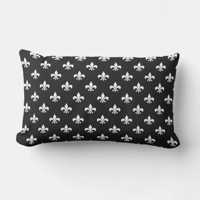 Svart och vit fransk Fleur de Lis Utomhus Lumbarkudde (Framsida)