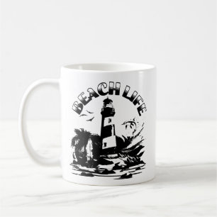 Svart och vit fyr strandliv kaffemugg