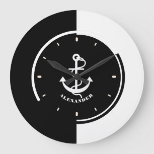 Svart och vit geometrisk design med boatankare stor klocka
