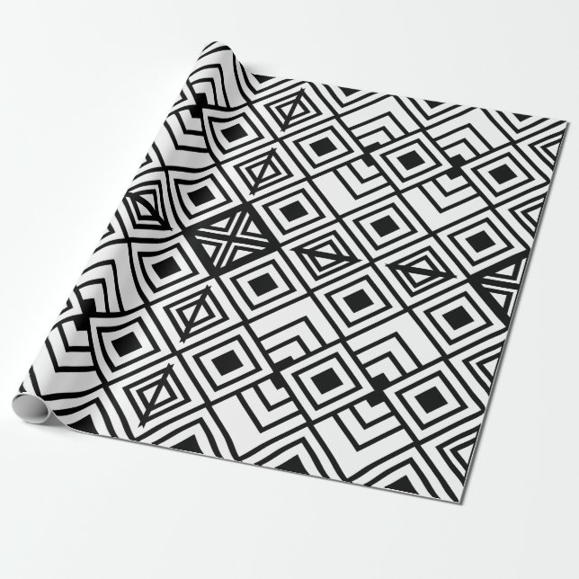 Svart och vit geometrisk diamant presentpapper (Utrullad)