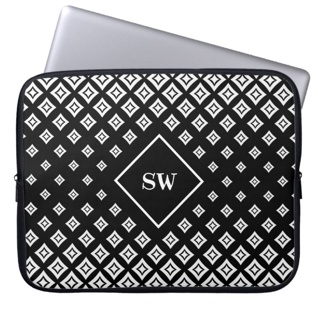 Svart och vit geometrisk diamantmönster laptop fodral (Framsidan)