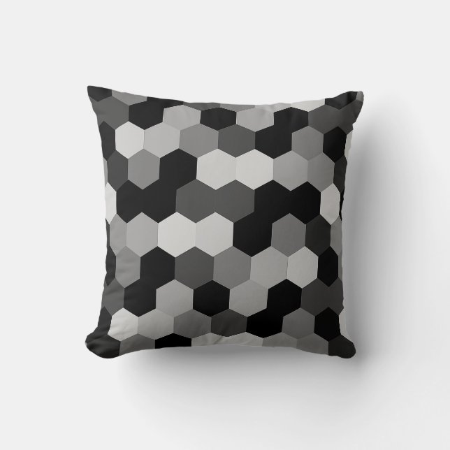 Svart och vit geometrisk hexagons skuggor kudde (Framsida)