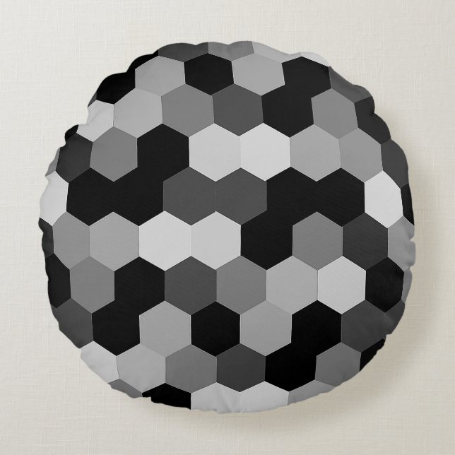 Svart och vit geometrisk hexagons skuggor rund kudde (Framsidan)
