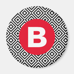 Svart och vit geometrisk mönster röd monogram magnet