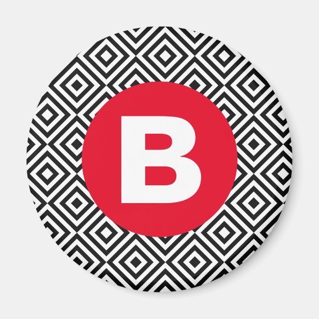 Svart och vit geometrisk mönster röd monogram magnet (Framsidan)