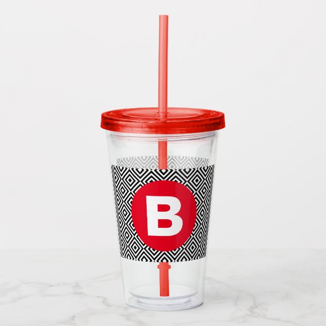 Svart och vit geometrisk mönster röd monogram take away mugg (Framsida)