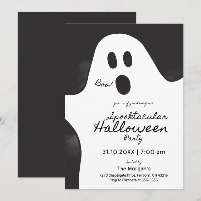 Svart och vit Ghost Spooktacular Halloween fest Inbjudningar (Fram/baksida)