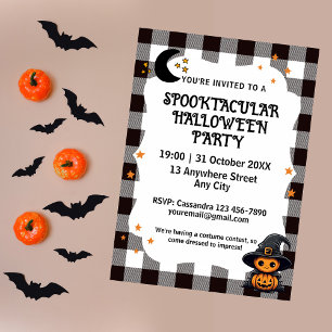 Svart och vit gingham Halloween-inbjudan Inbjudningar