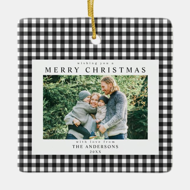 Svart och vit Gingham jul 2 Foto Julgransprydnad Keramik (Framsida)