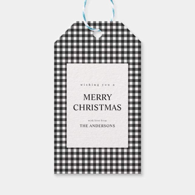 Svart och vit Gingham jul Presentetikett (Framsidan)