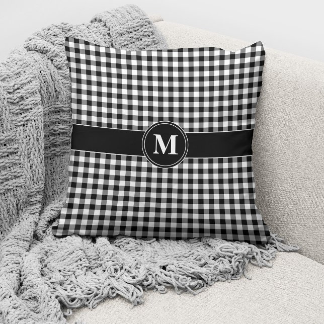 Svart och vit Gingham-monogram Kudde (Skapare uppladdad)