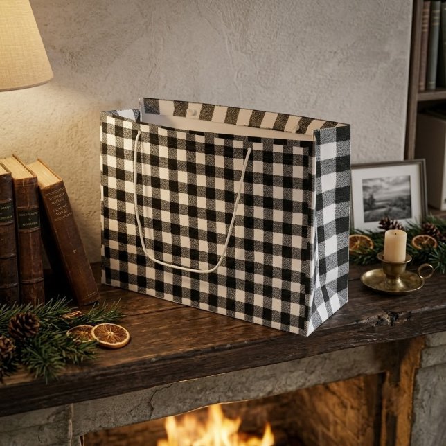 Svart och vit gingham rutig rustik lantgård  (black Plaid Rustic Farm house Large GiftBags)