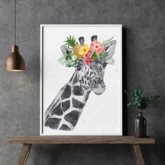 Svart och vit giraff i blomkrona djur poster