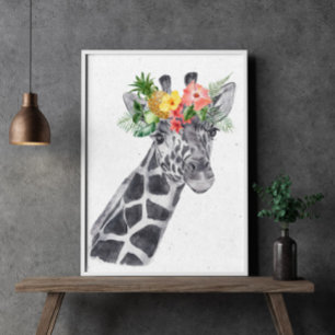 Svart och vit giraff i blommig krona djur poster