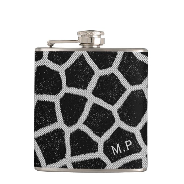Svart och vit girafftryck monogram fickplunta (Framsidan)