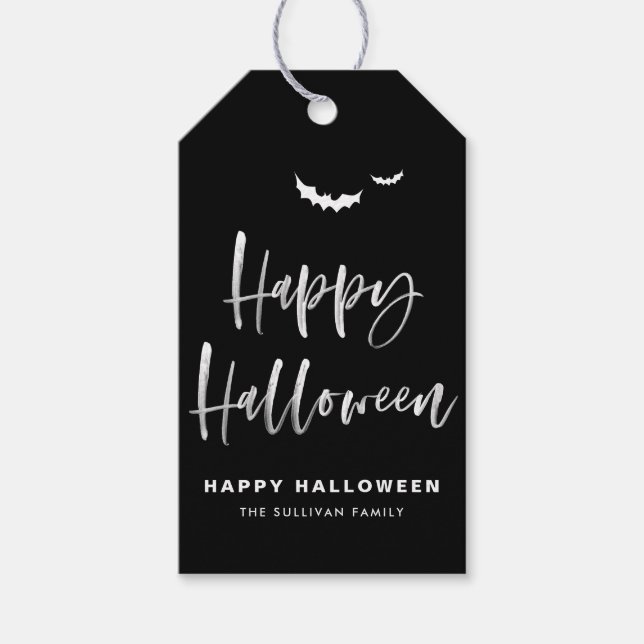 Svart och vit Glad Halloween Borste Kalligrafi Presentetikett (Framsidan)
