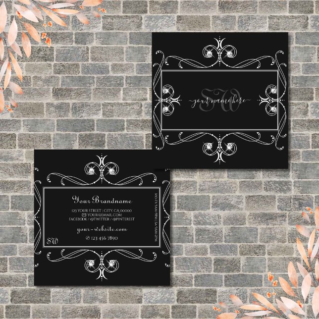 Svart och vit Gnistra judar Monogram Ornaments Fyrkantigt Visitkort (Skapare uppladdad)