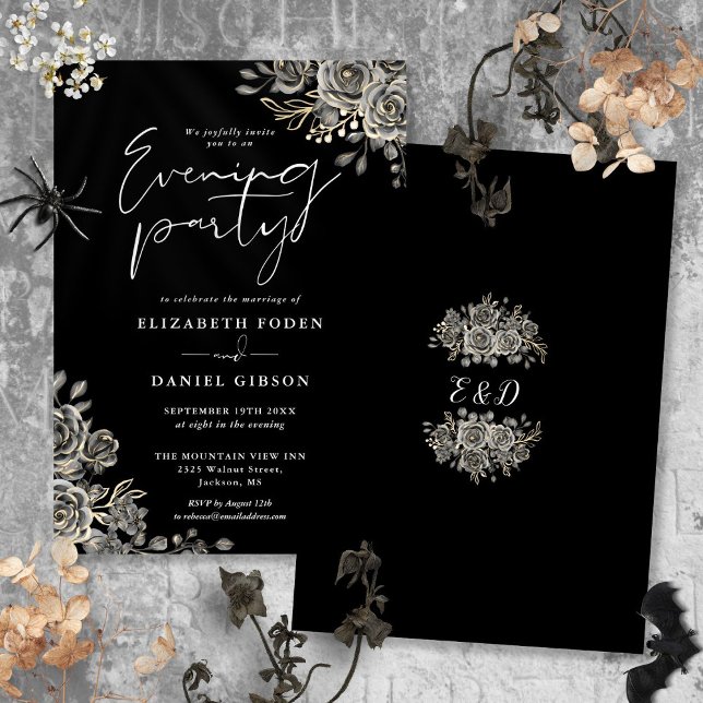Svart Och Vit Gothisk Blommig Bröllopsfest På Kväl Inbjudningar (Black And White Goth Floral Wedding Evening Party Invitation)