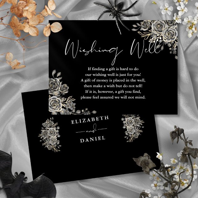 Svart Och Vit Gotisk Blommig Brunn Bröllop Tilläggskort (Black And White Gothic Floral Wishing Well Wedding Enclosure Card)