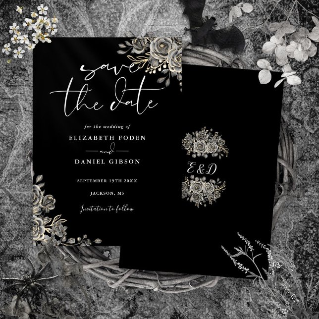 Svart och vit gotisk blomster monogram bryllop spara datumet (Black And White Gothic Floral Monogram Wedding Save The Date)