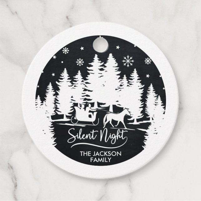 Svart och vit gräs-snöflake, tyst nattslö gåvor etiketter (Framsida)