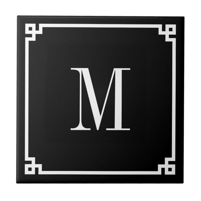 Svart och vit grekisk nyckel kant monogram kakelplatta (Framsidan)