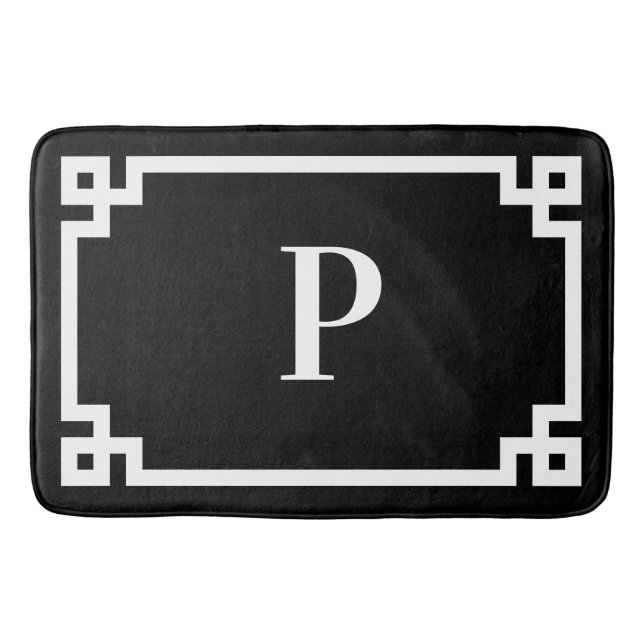 Svart och vit grekisk nyckel ram monogram stor badrumsmatta (Framsidan)