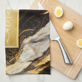 Svart och vit guldmarmor Modern Elegant Kökshandduk