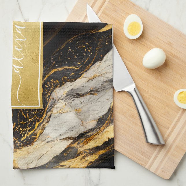 Svart och vit guldmarmor Modern Elegant Kökshandduk (Vikt i Fjärdedel)