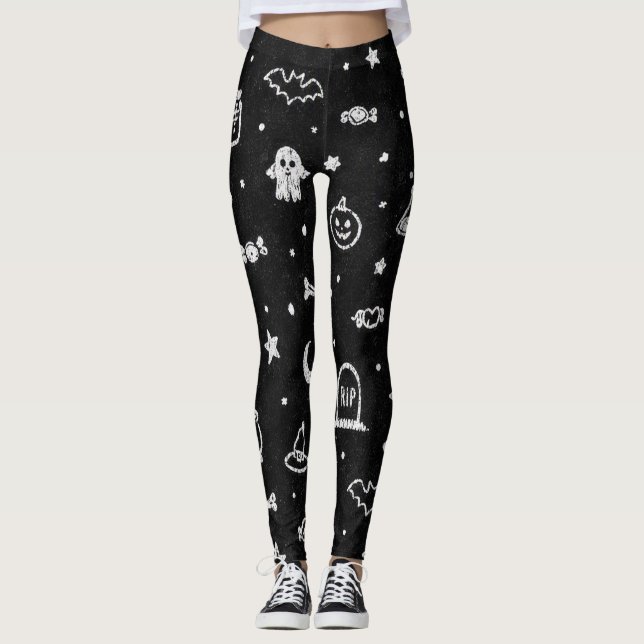 Svart och vit Halloween-doodle  Leggings (Framsida)